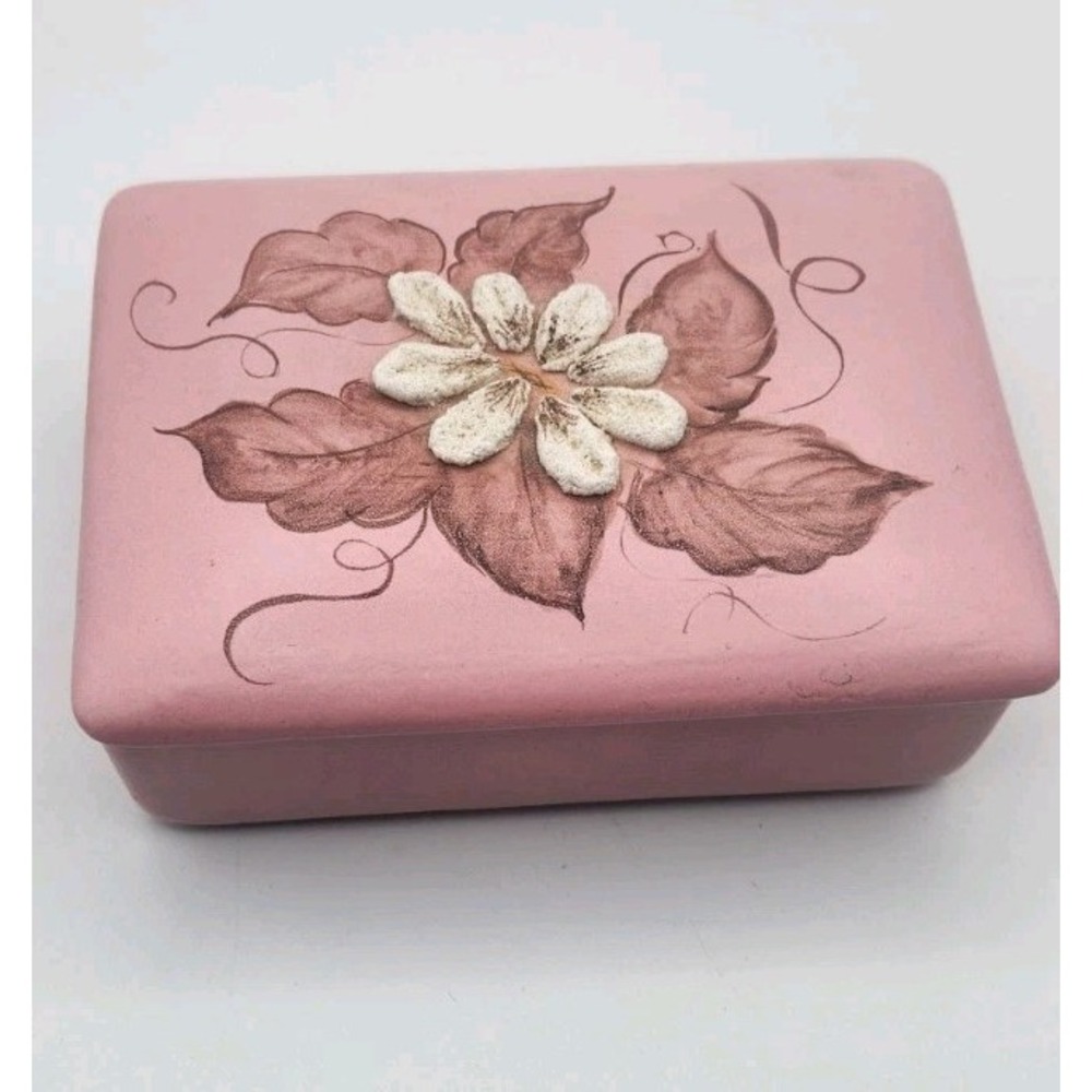 Ceramic Holland Mold Trinket Box Pink White Flowers Hand Painted 1 Of a Kind
